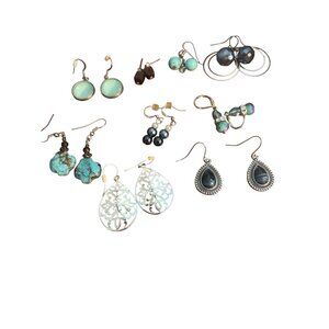 Lot 9 Pairs of Pierced Earrings Dangle Drop Silver Tone Blues Faux Pearl Estate